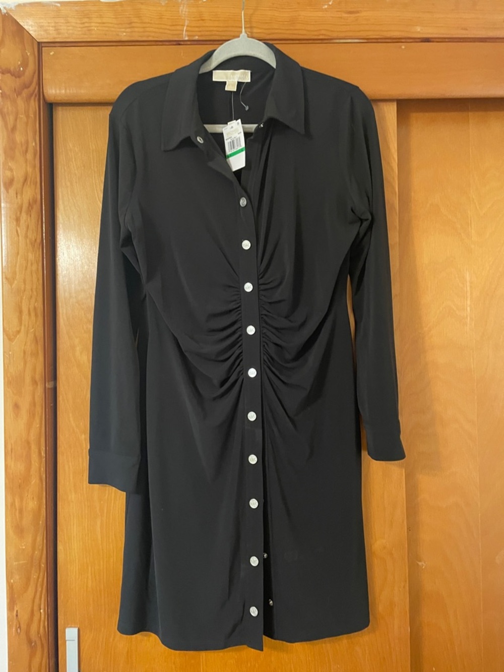 Michael Kors Black Snap Button-Front Ruched Shirt Dress